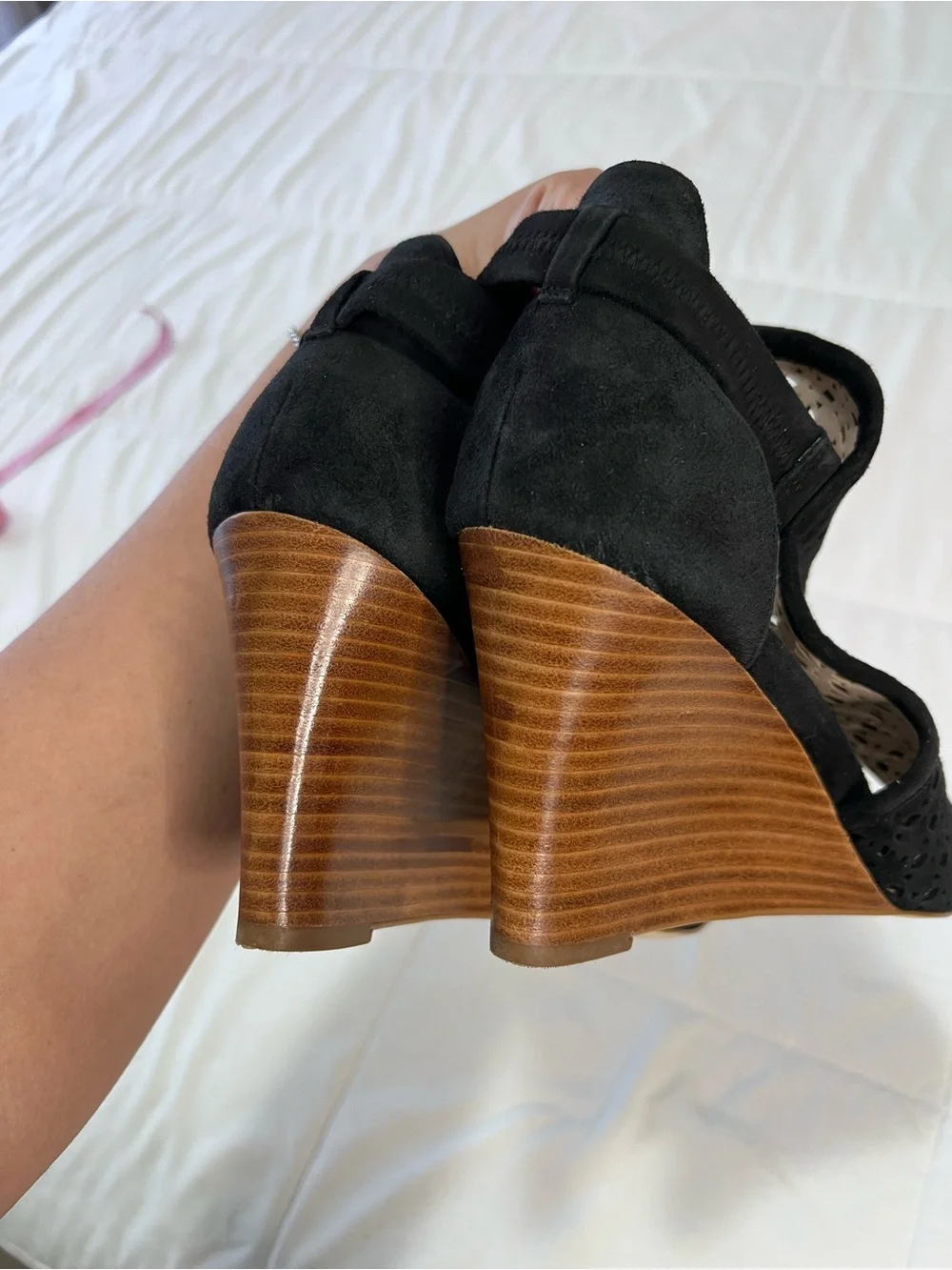 Cole Haan Black Laser-Cut Suede Wedge Sandals size 9